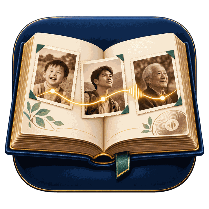 一本展开的人生相册，童年、青年与暮年照片由声音轨迹连接